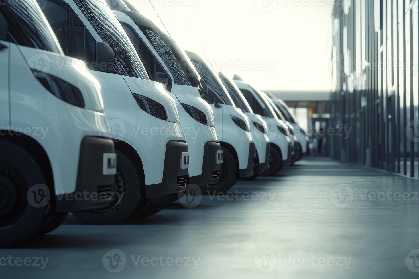 White electric vans for fleet management lined up at a commercial dealership during daylight hours photo