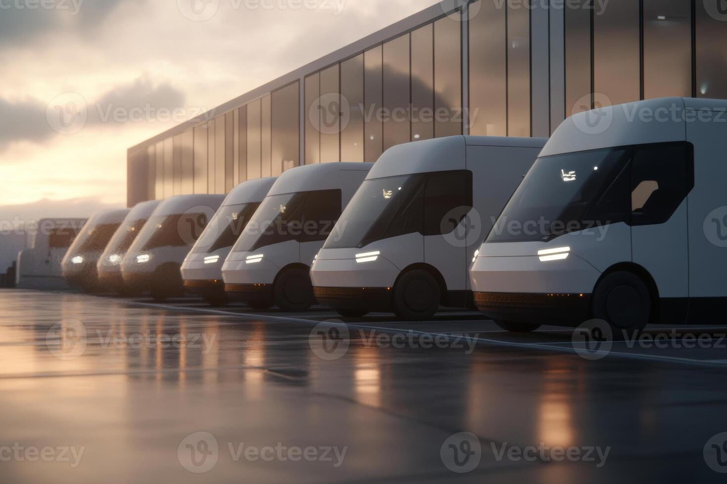 Electric vans lined up at a dealership showcasing fleet management solutions during twilight hours photo