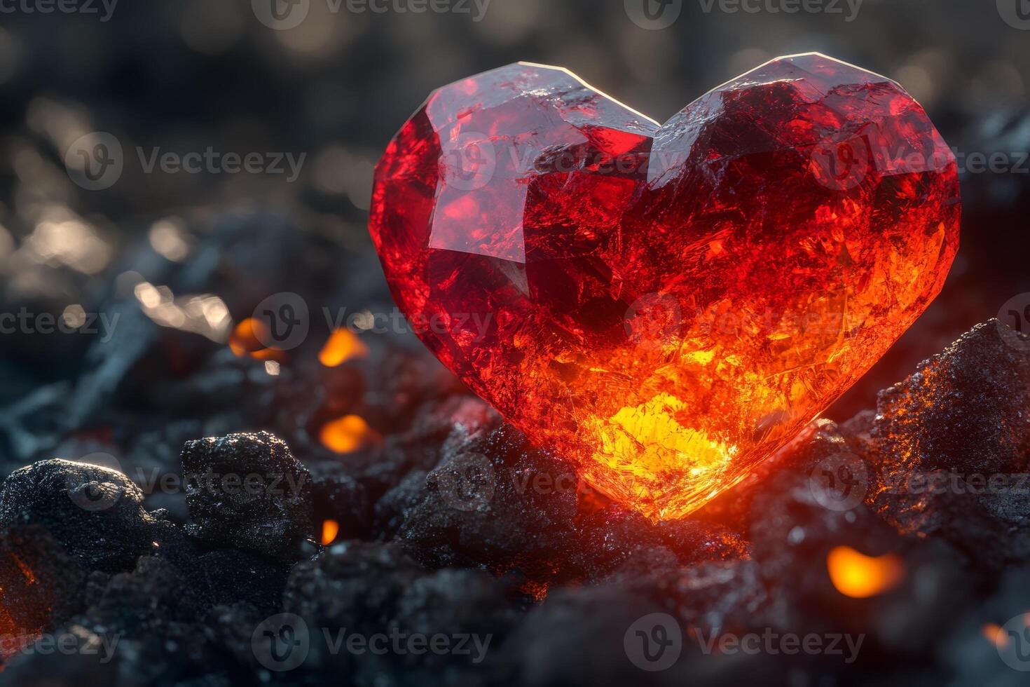 A glowing red crystal heart surrounded by dark rocks and sparkling embers in a mystical setting photo
