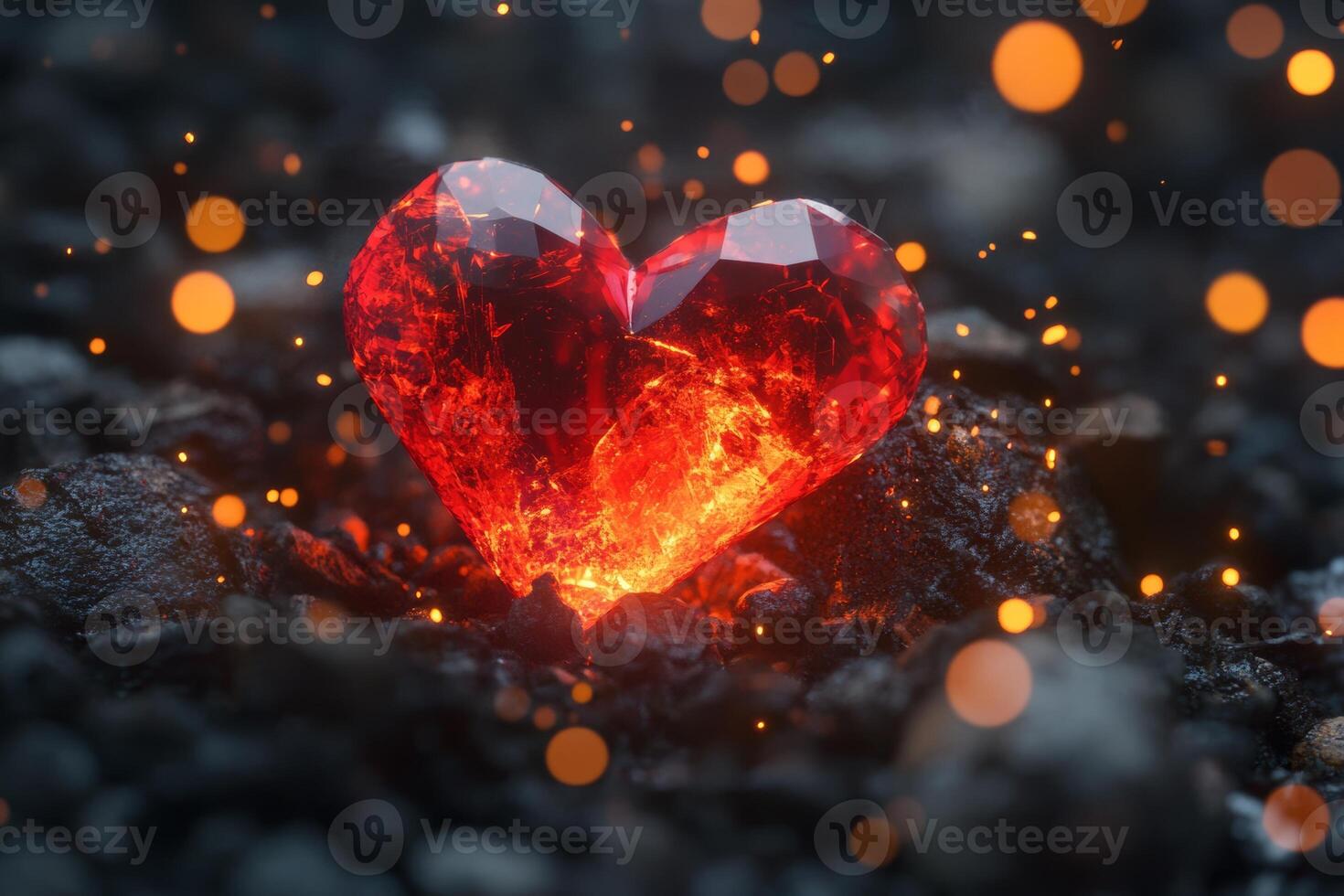 A glowing red crystal heart surrounded by dark rocks and shimmering embers in a mystical environment photo