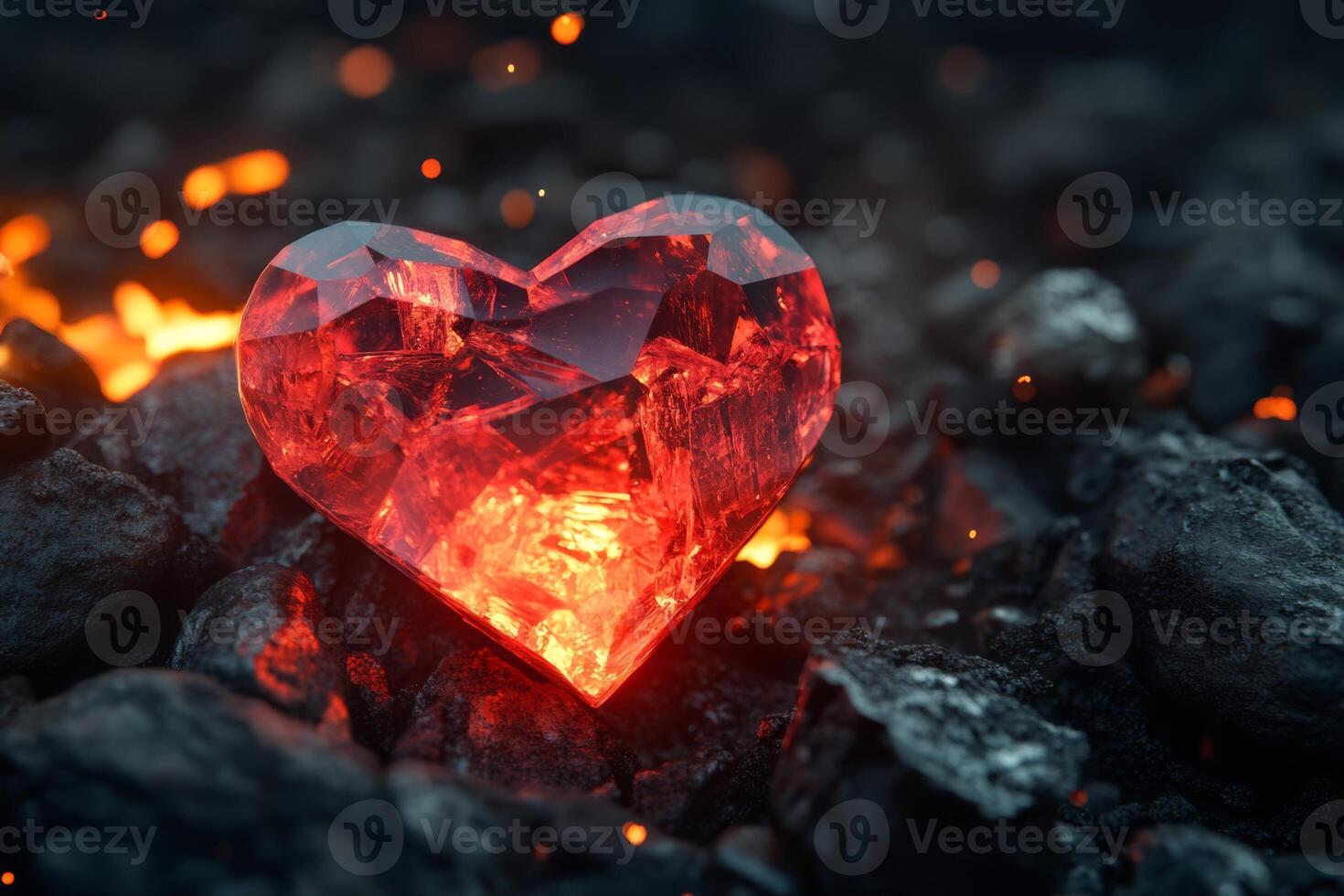 A vibrant glowing red crystal heart resting on dark rocks amidst shimmering embers in a mystical environment photo