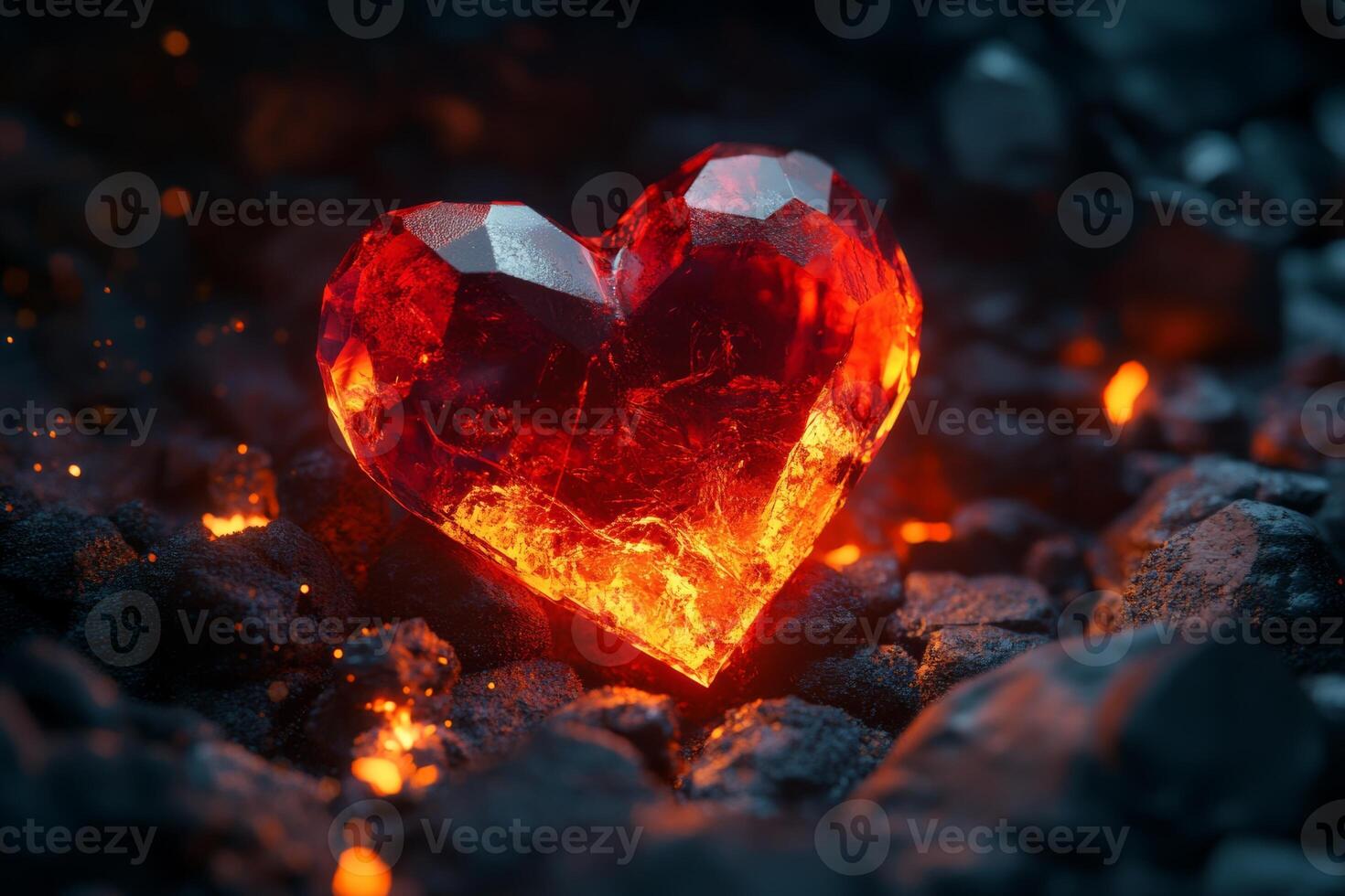 Glowing red crystal heart surrounded by dark rocks and sparks in a mystical landscape of glowing embers photo