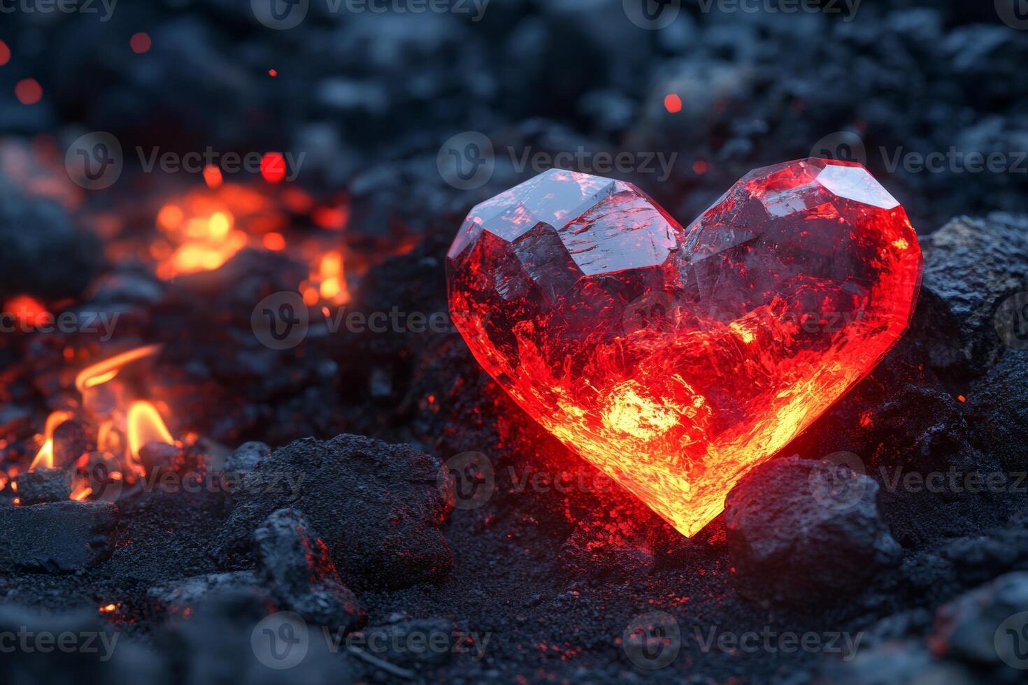 A glowing red crystal heart surrounded by dark rocks and vibrant sparks in a mystical setting during twilight photo