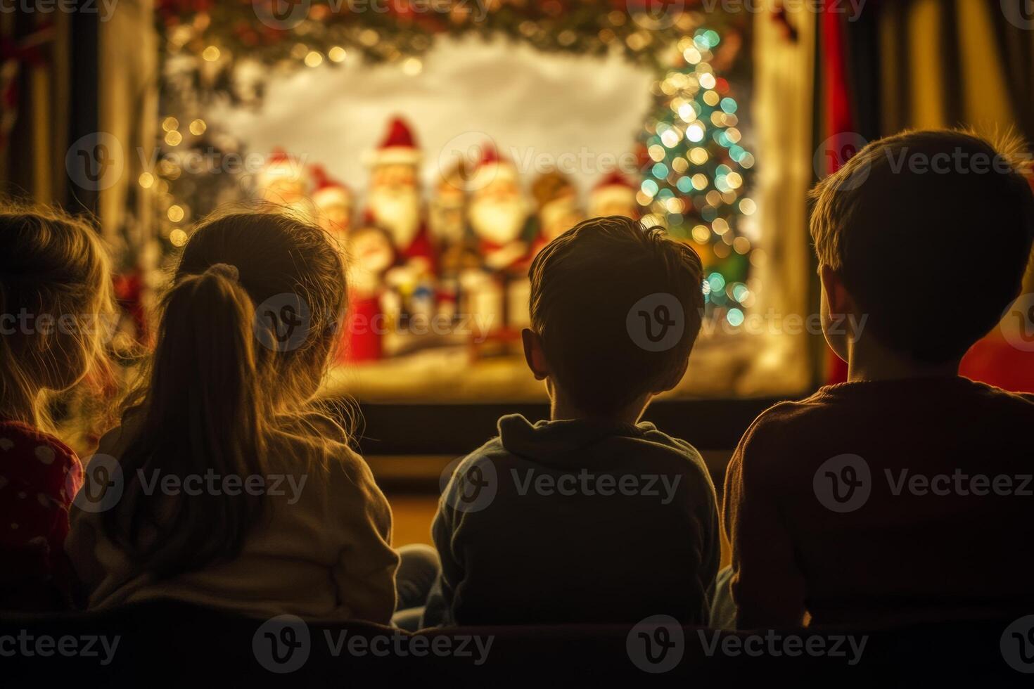 Children enjoy a magical Christmas puppet show in a cozy setting filled with festive decorations and a Christmas tree photo