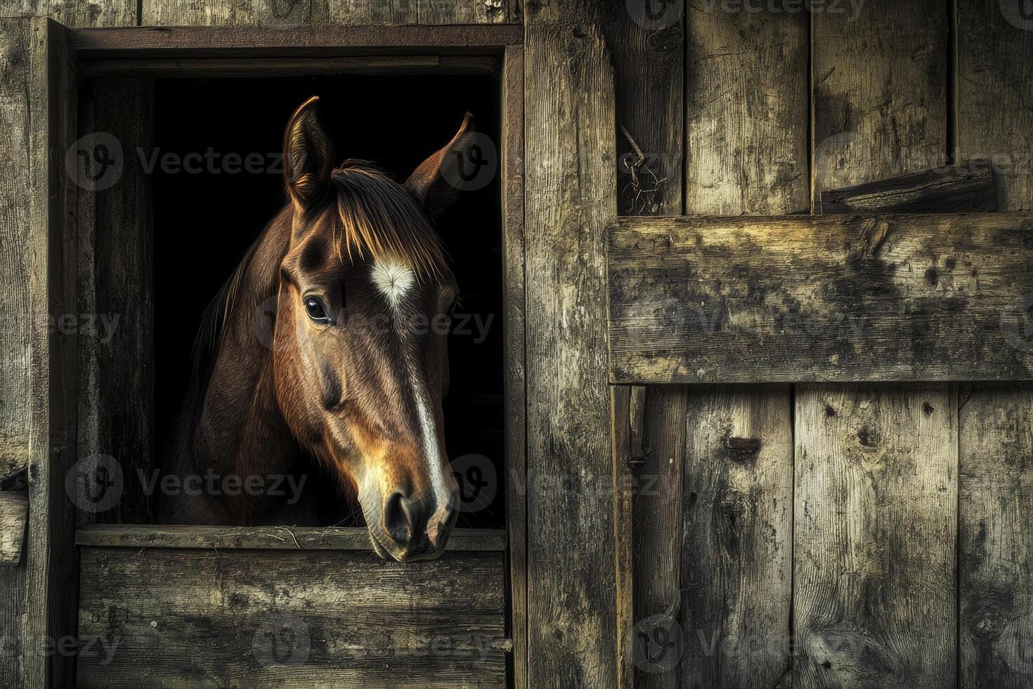 A brown horse gazes out from a rustic wooden stall in a tranquil rural farm environment during the late afternoon photo