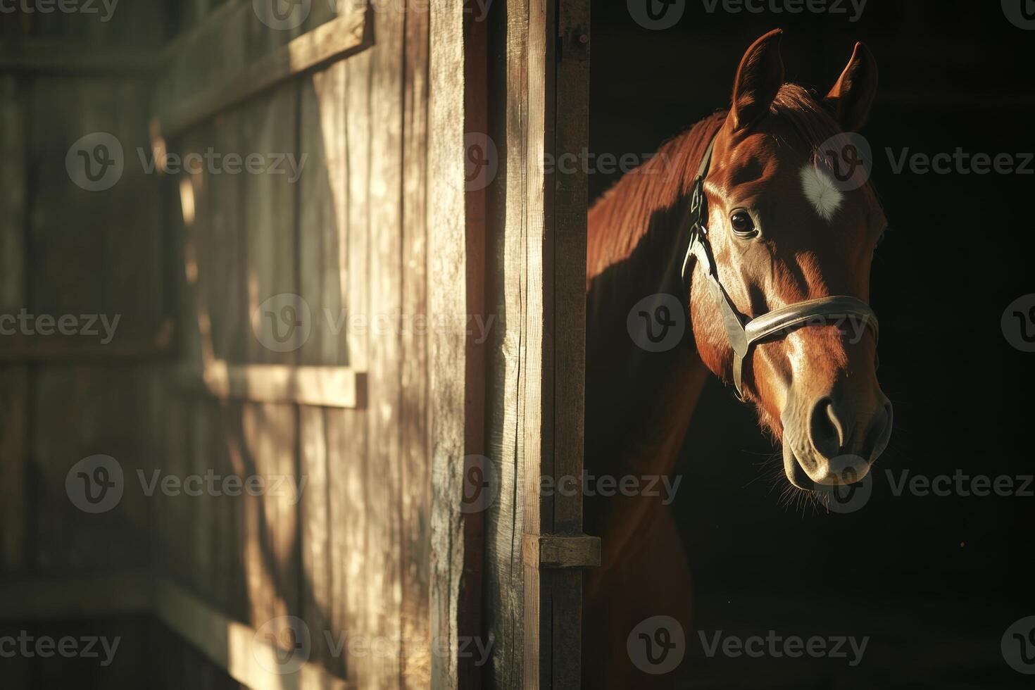 A brown horse gazes out of its wooden stall door in a rustic farm stable during golden hour light photo