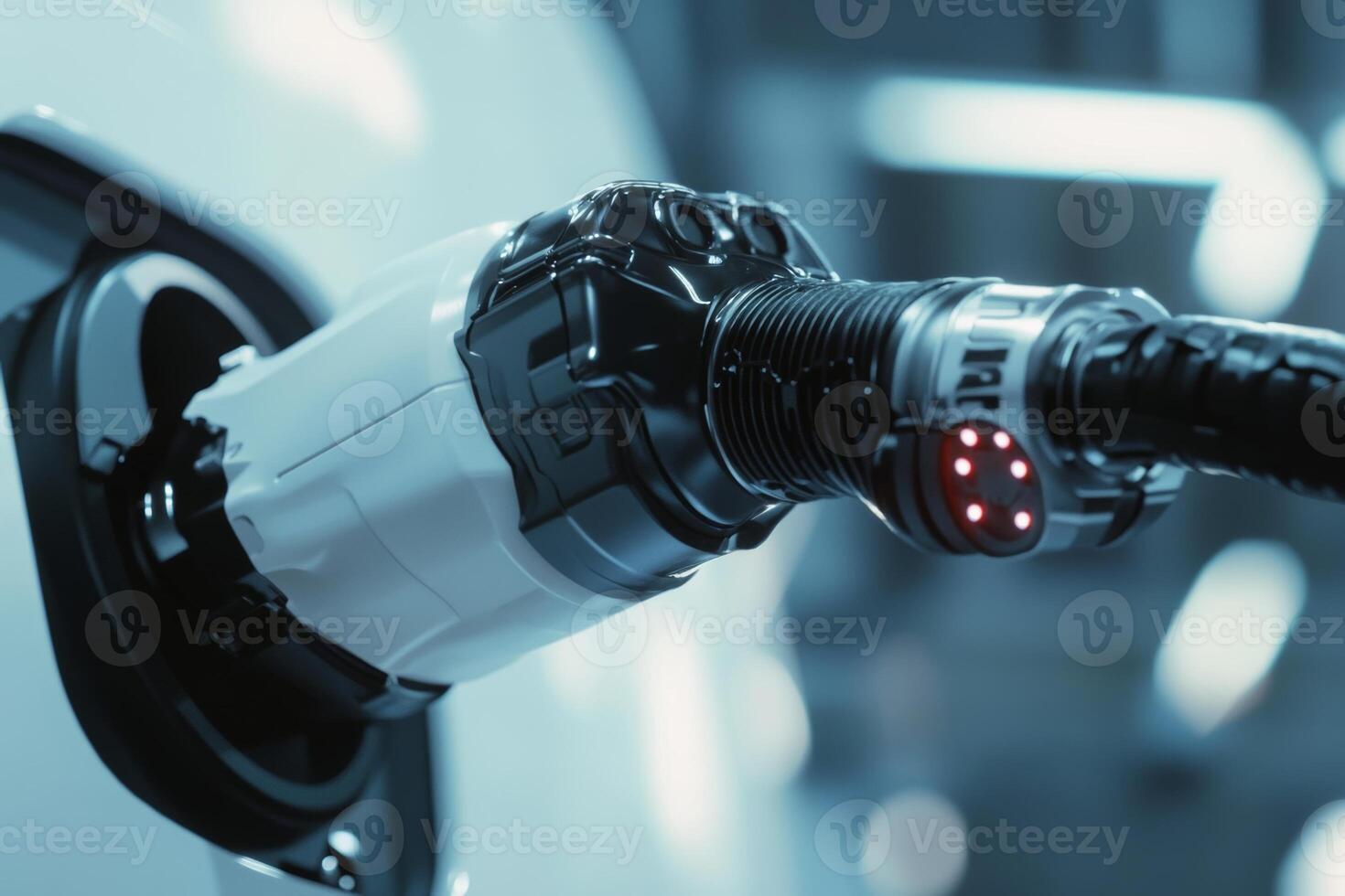Close-up of a hydrogen fueling nozzle at a modern hydrogen station under bright lighting conditions photo