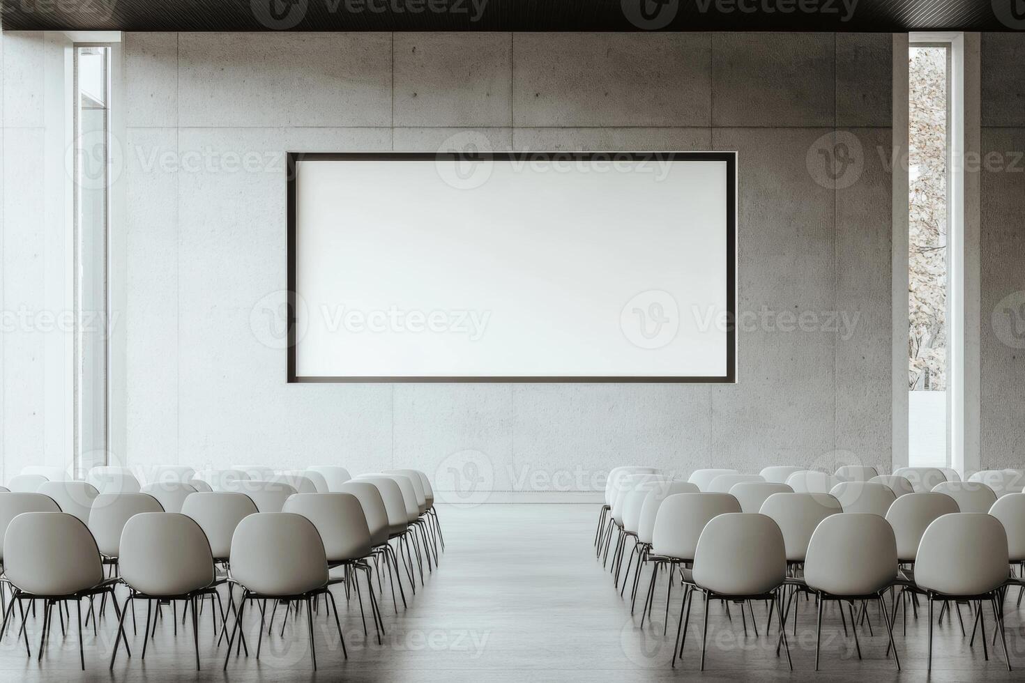 Contemporary conference room featuring minimalist design with rows of chairs and a large projector screen ready for presentations photo