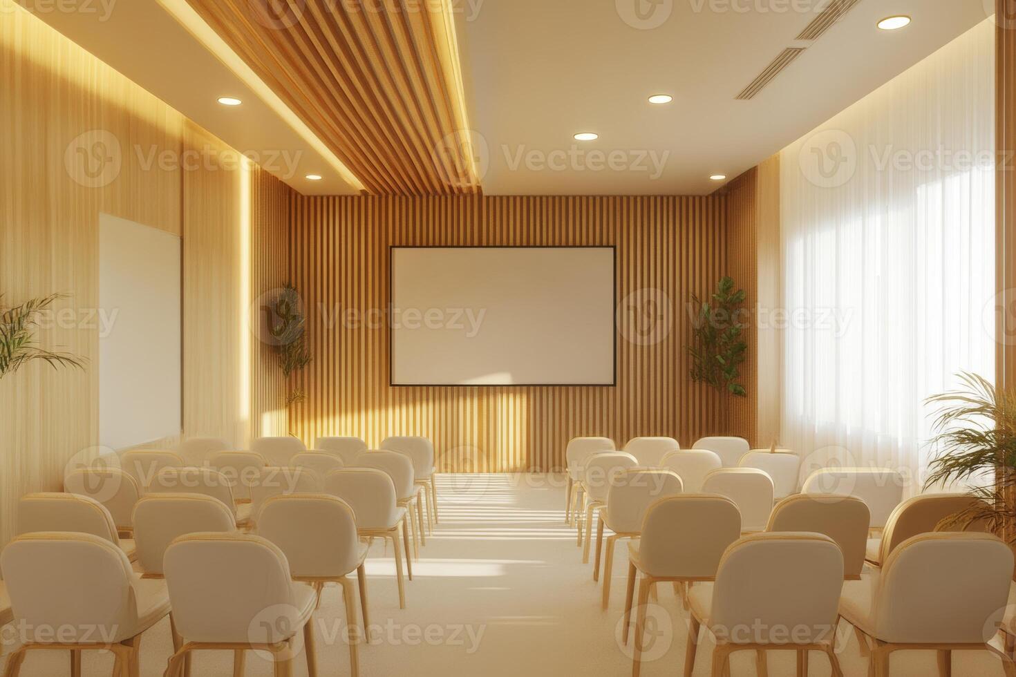 Modern minimalist conference room setup featuring wooden design with rows of chairs and a projector screen for presentations during the day photo