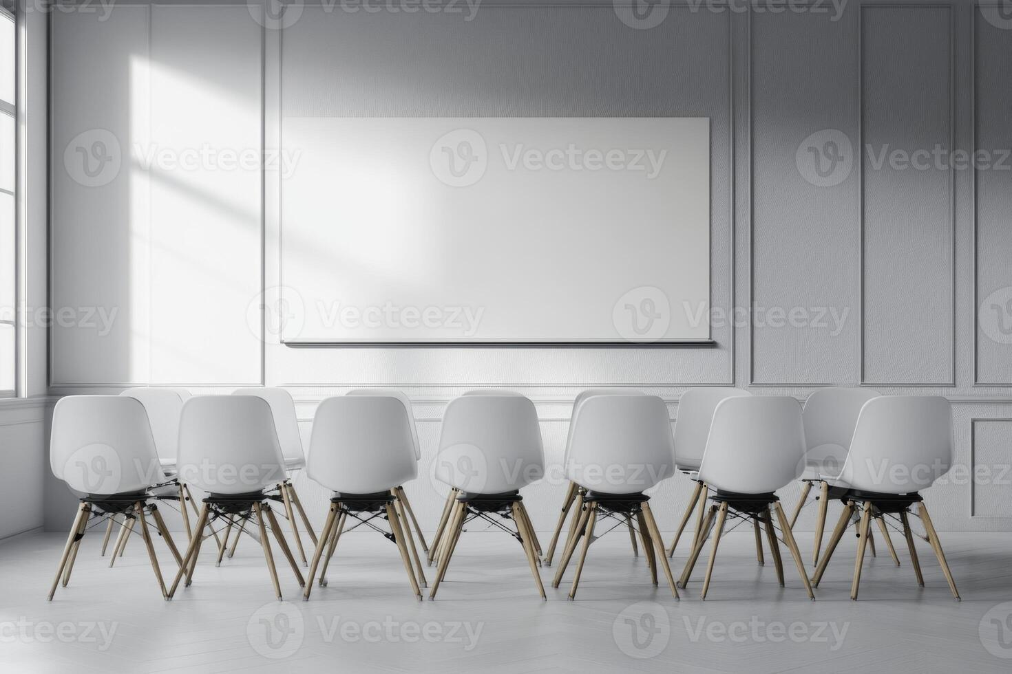 Modern minimalist conference room featuring rows of white chairs and an empty projector screen for presentations photo