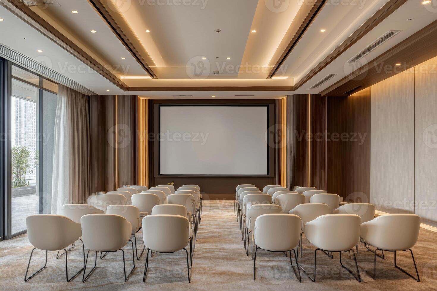 Modern minimalist conference room featuring rows of comfortable chairs and a large projector screen for presentations and meetings photo
