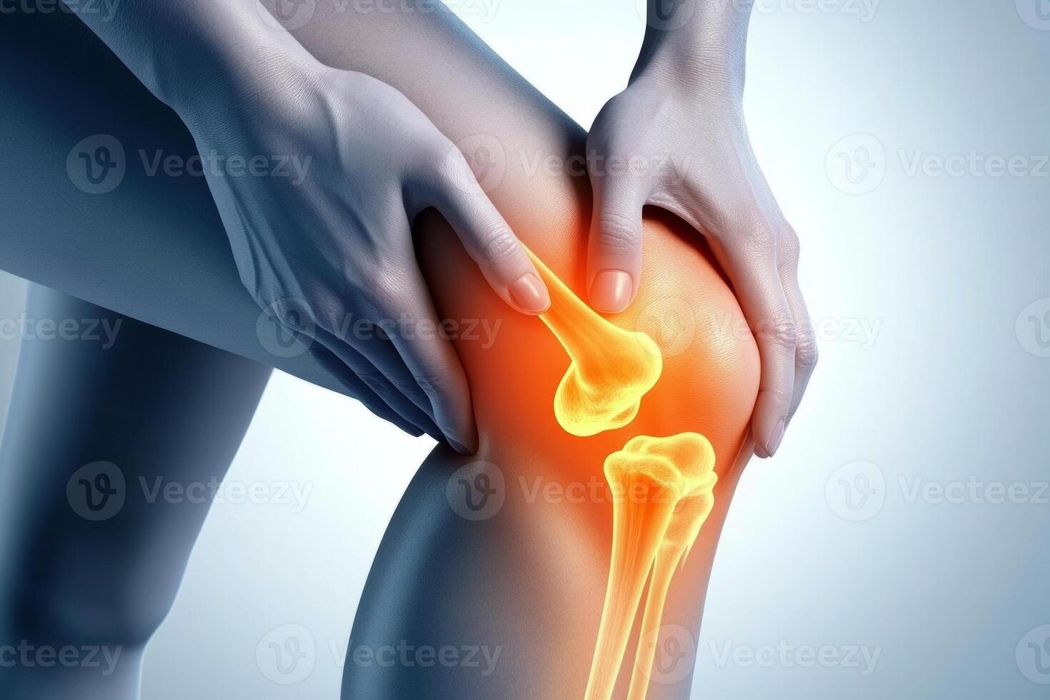 Individual holds their knee with a glowing red graphic overlay highlighting knee structure and joint pain in a clinical setting photo