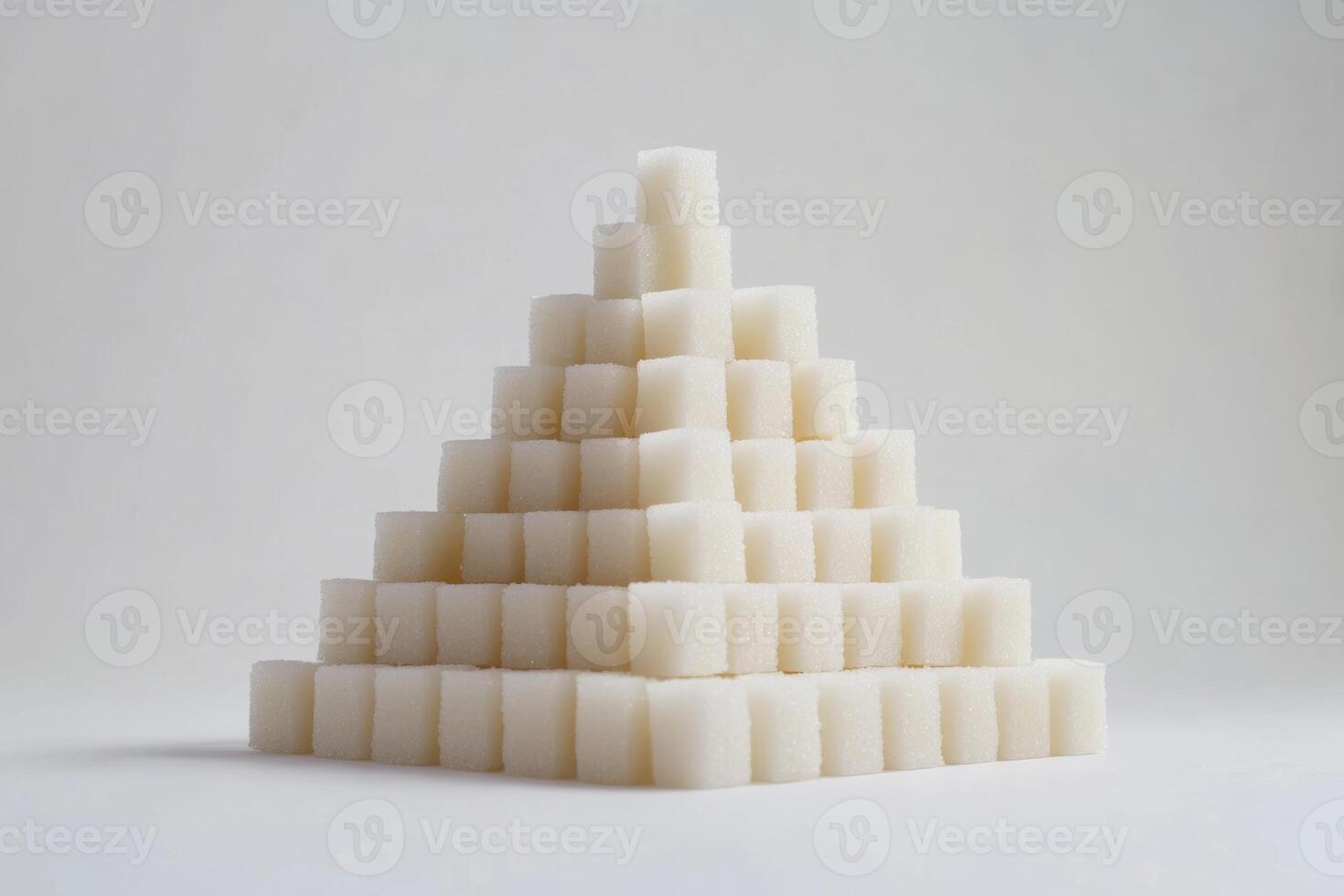 A pyramid structure created from stacked sugar cubes on a plain white background showcasing geometric design and sweetness photo