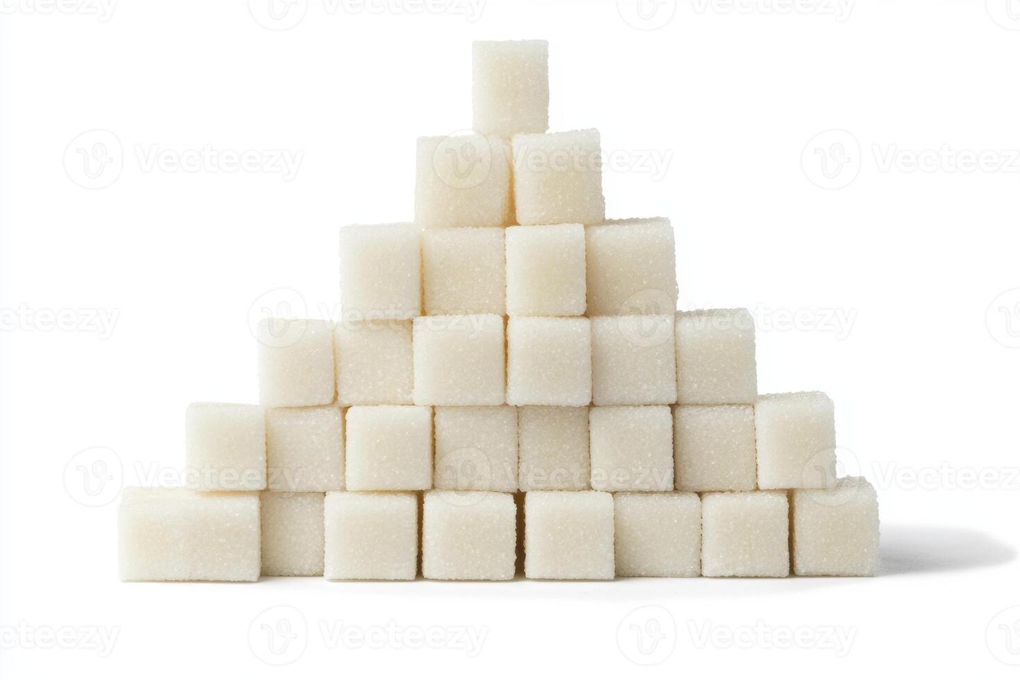 A pyramid structure made from neatly arranged sugar cubes on a white background photo