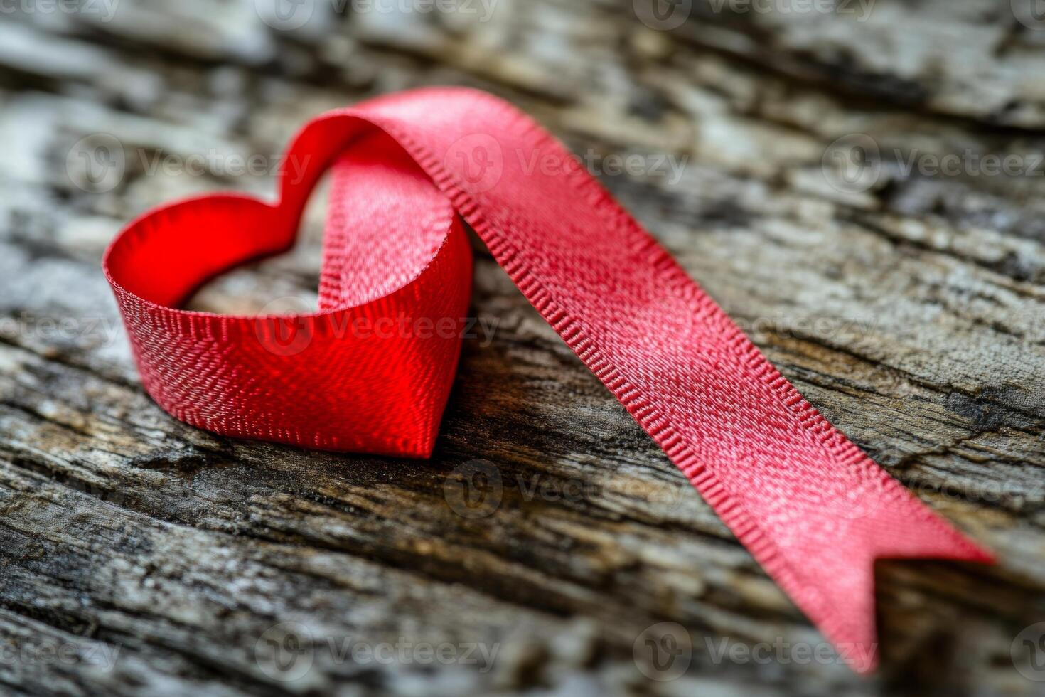 A red ribbon shaped like a heart rests on rustic wooden surface, symbolizing love and affection in a serene setting photo