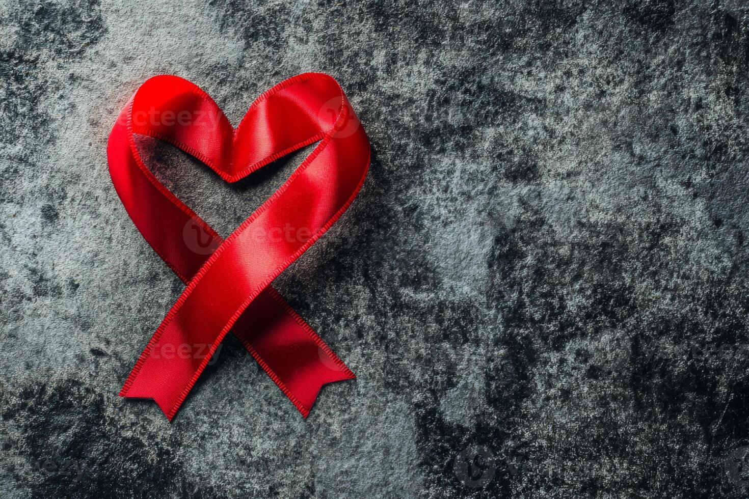 A beautifully arranged red ribbon in the shape of a heart on a textured dark background for decorative purposes or symbolism photo