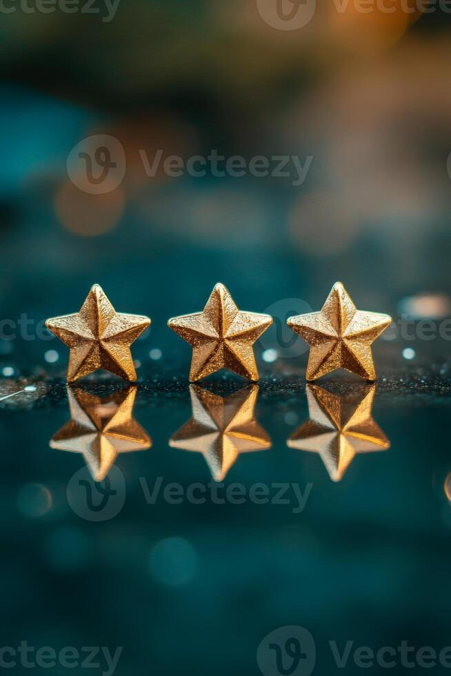 Five gold stars reflecting on a polished surface, symbolizing excellence and luxury in a serene setting photo