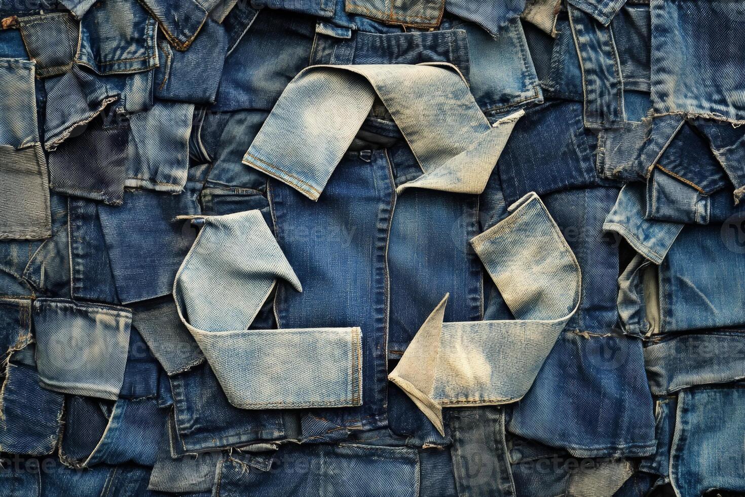 Upcycled denim forms a recycling logo crafted from old jeans to promote sustainability efforts in creating new products photo
