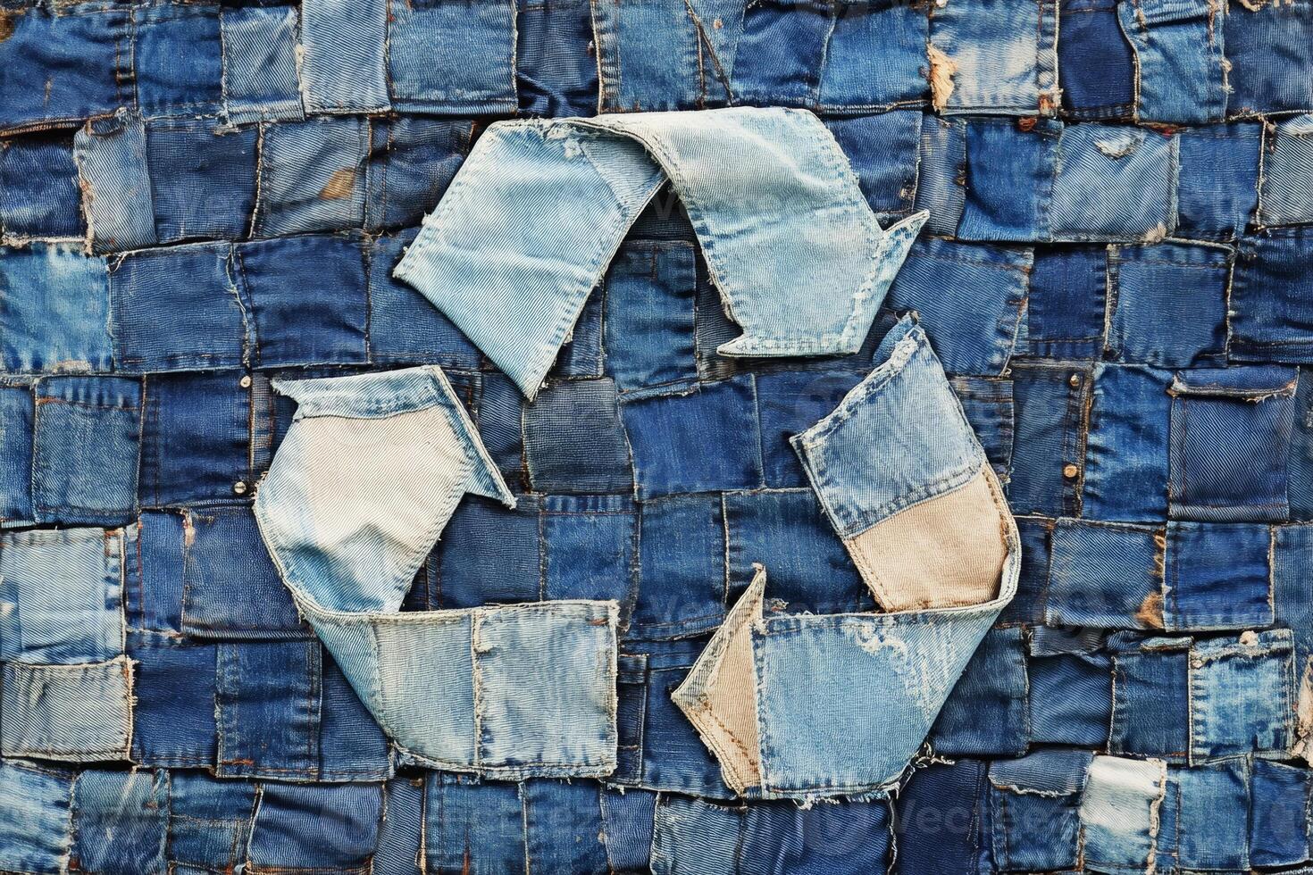 Recycling logo crafted from upcycled denim showcases sustainable artistry using old jeans in a creative textile project photo