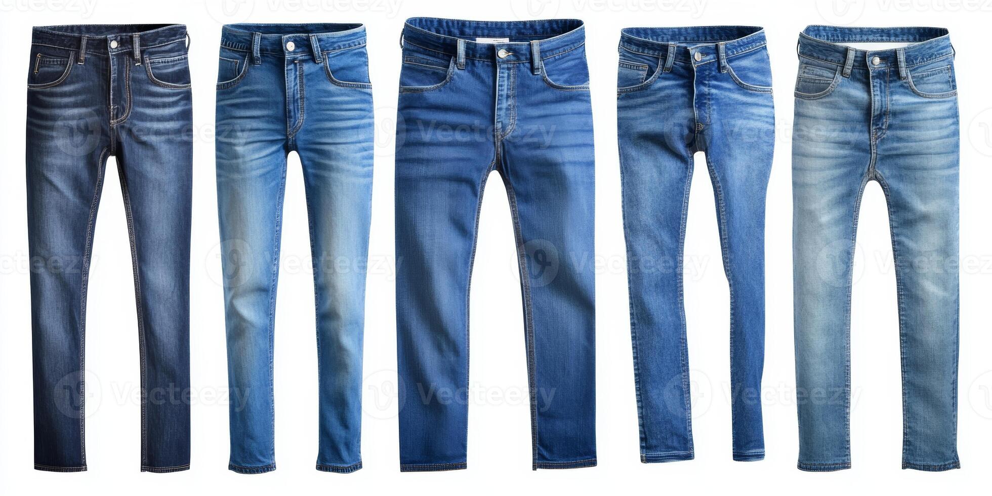 Various styles of blue jeans displayed in a retail store showcasing different fits, washes, and textures for trendy shoppers photo
