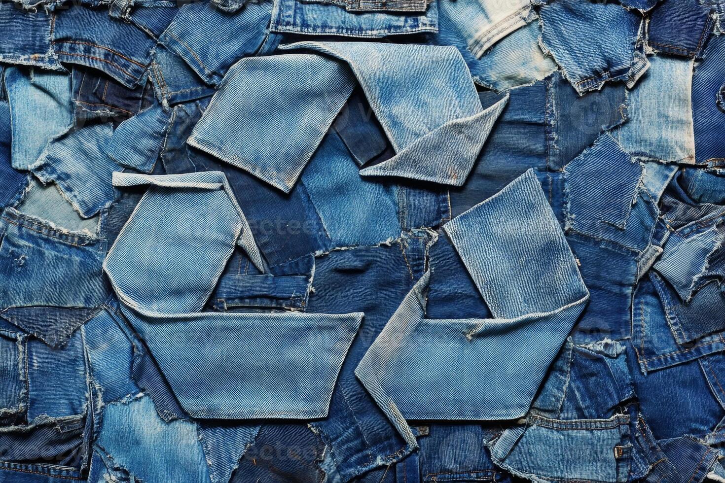 Upcycled denim forms a recycling logo from old jeans, showcasing sustainable creativity and eco-friendly practices photo
