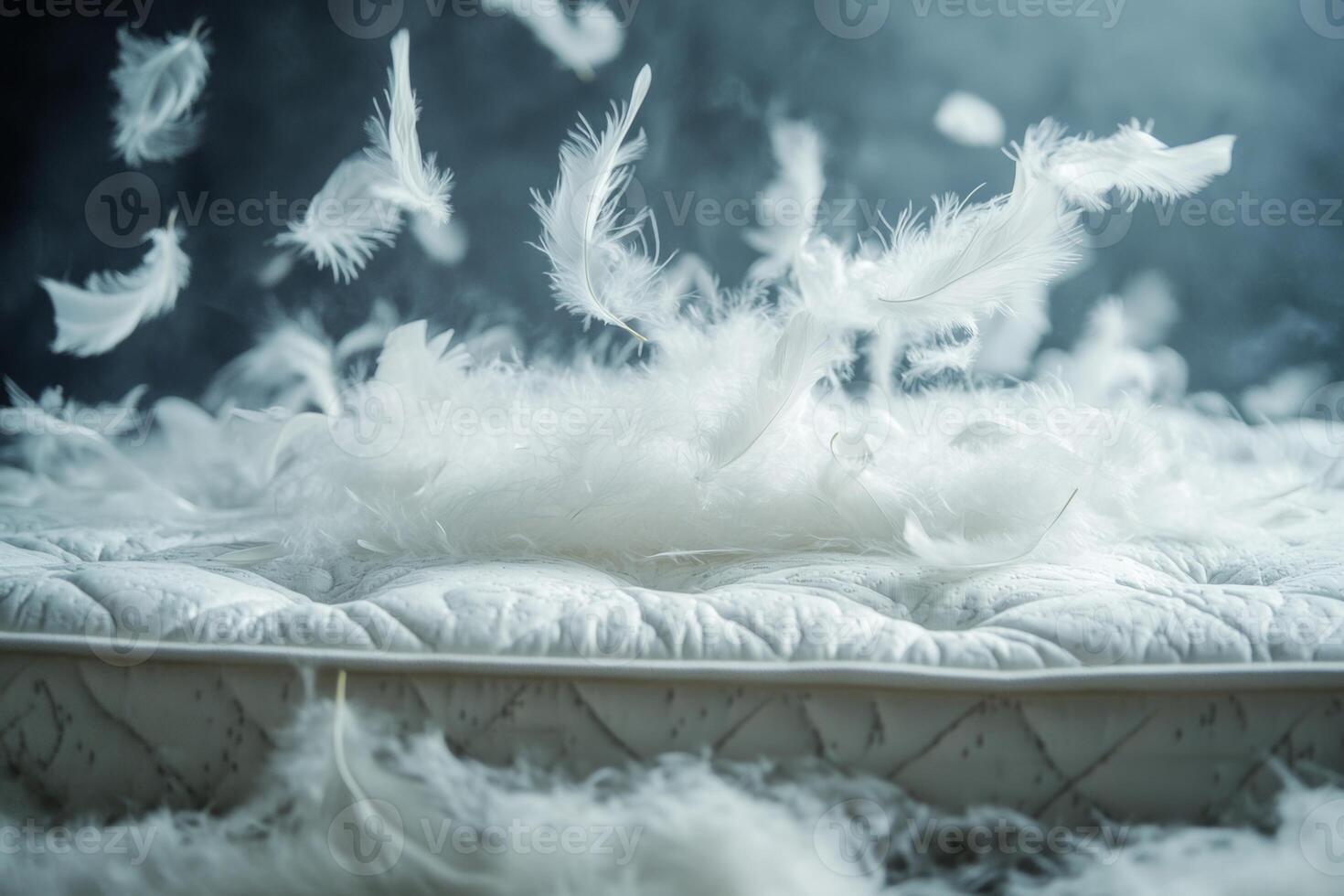 Feathers swirl enchantingly around a mattress on the ground, creating a whimsical and dreamy atmosphere in soft lighting photo