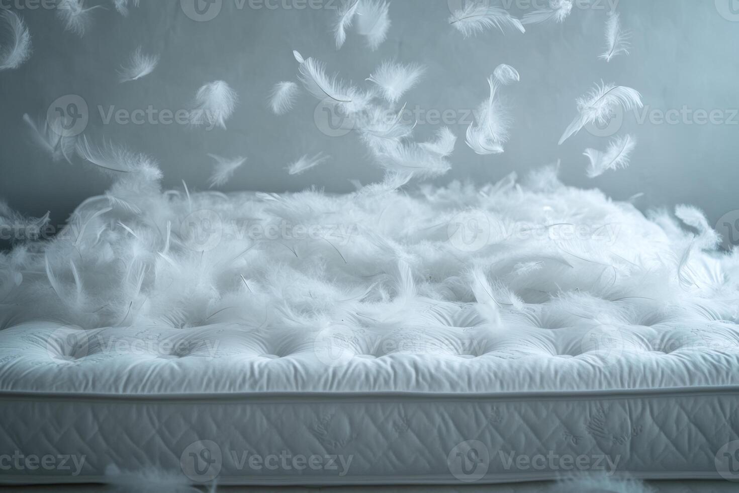 Feathers swirl gently around a mattress on the floor, creating a whimsical, dreamy atmosphere in soft lighting photo