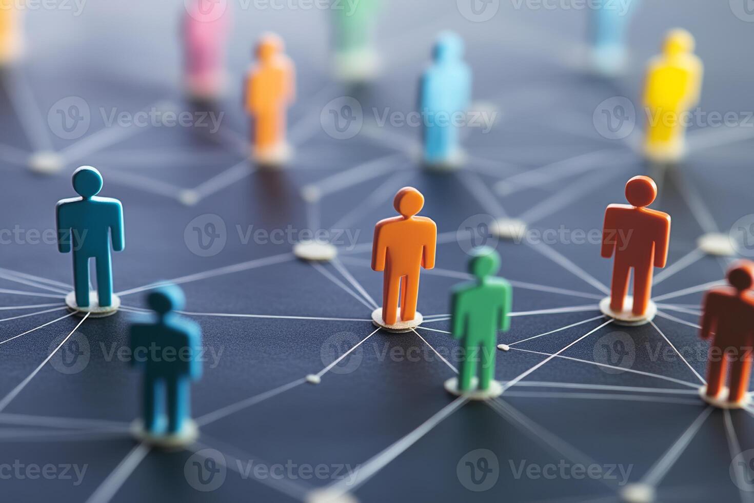Colorful silhouettes connected by lines represent networking and collaboration in a digital environment photo