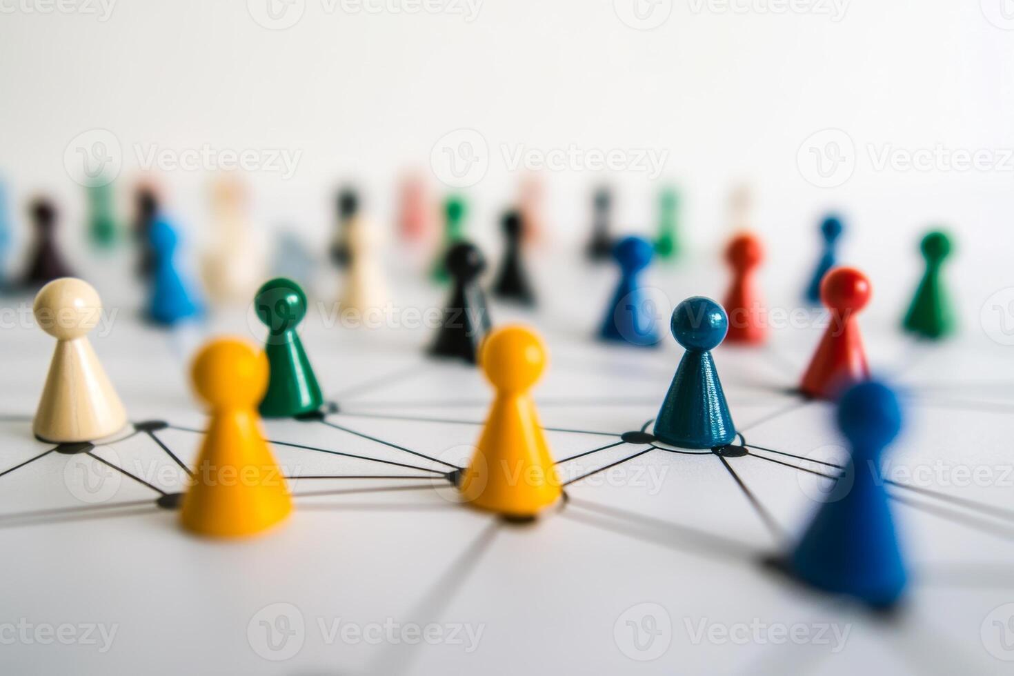 Colorful game pieces connect in an abstract representation of social networking and relationships on a white surface photo