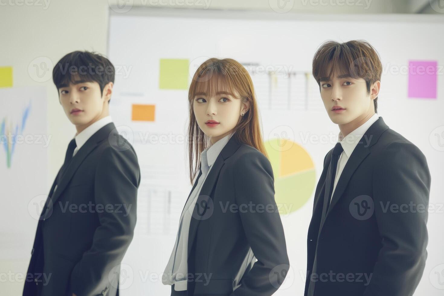 Three young professionals in suits standing confidently in a modern office environment during a business presentation session photo