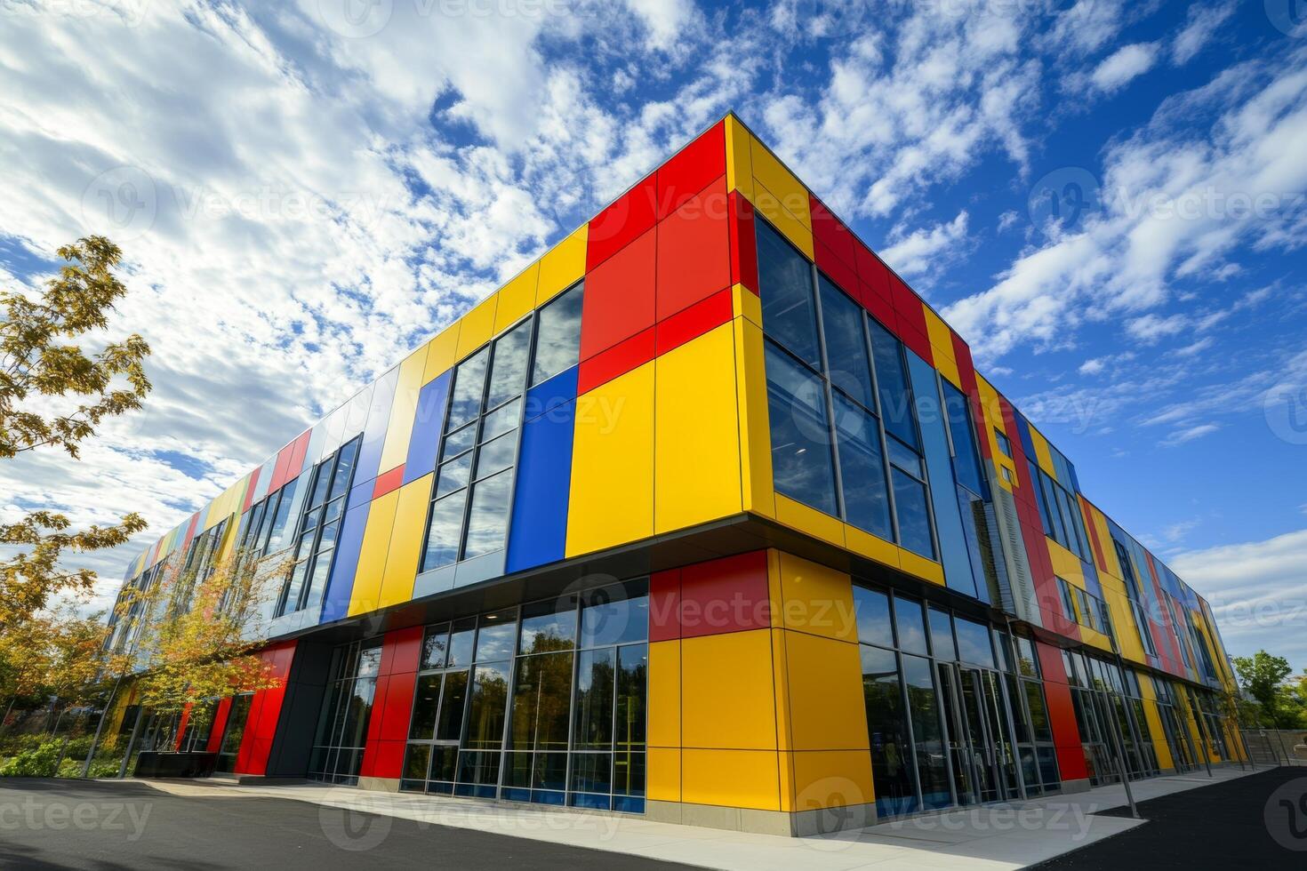 Colorful modern building with large windows stands against a vibrant sky and showcases contemporary architectural design in a lively urban setting photo