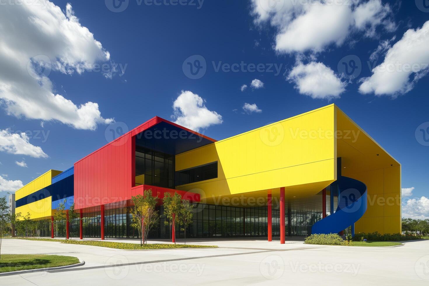 Modern architecture with vibrant colors in a sunny urban setting featuring a bold design and playful elements photo