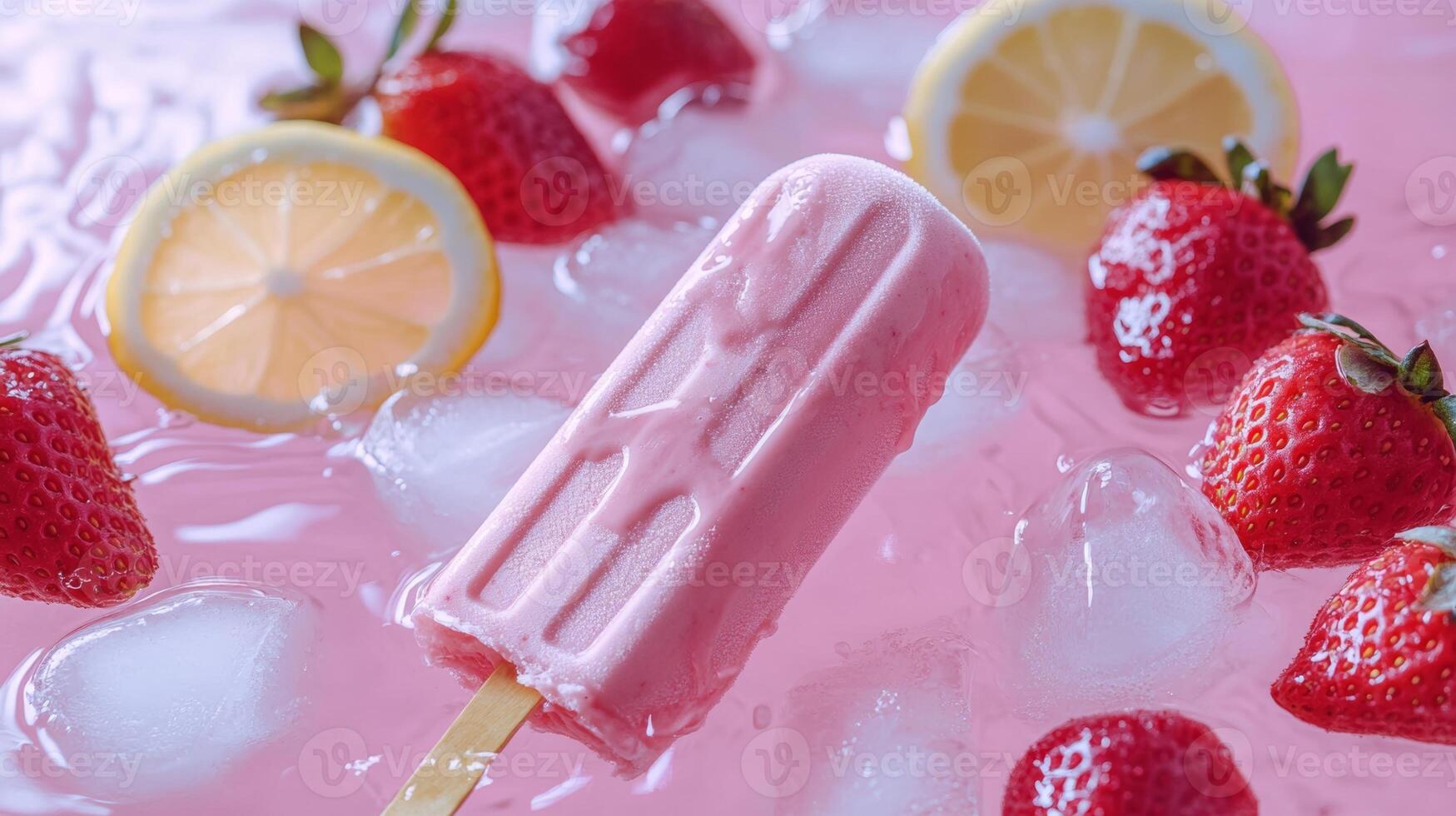 Refreshing summertime popsicle surrounded by strawberries and lemon slices in icy pink bowl photo