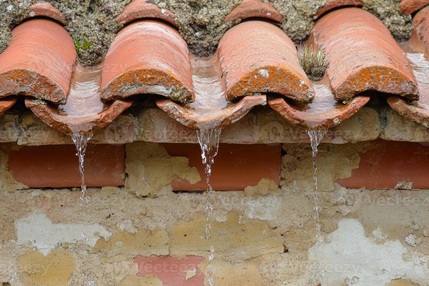 Water dripping from a traditional terracotta roof during rainfall in a rural setting photo