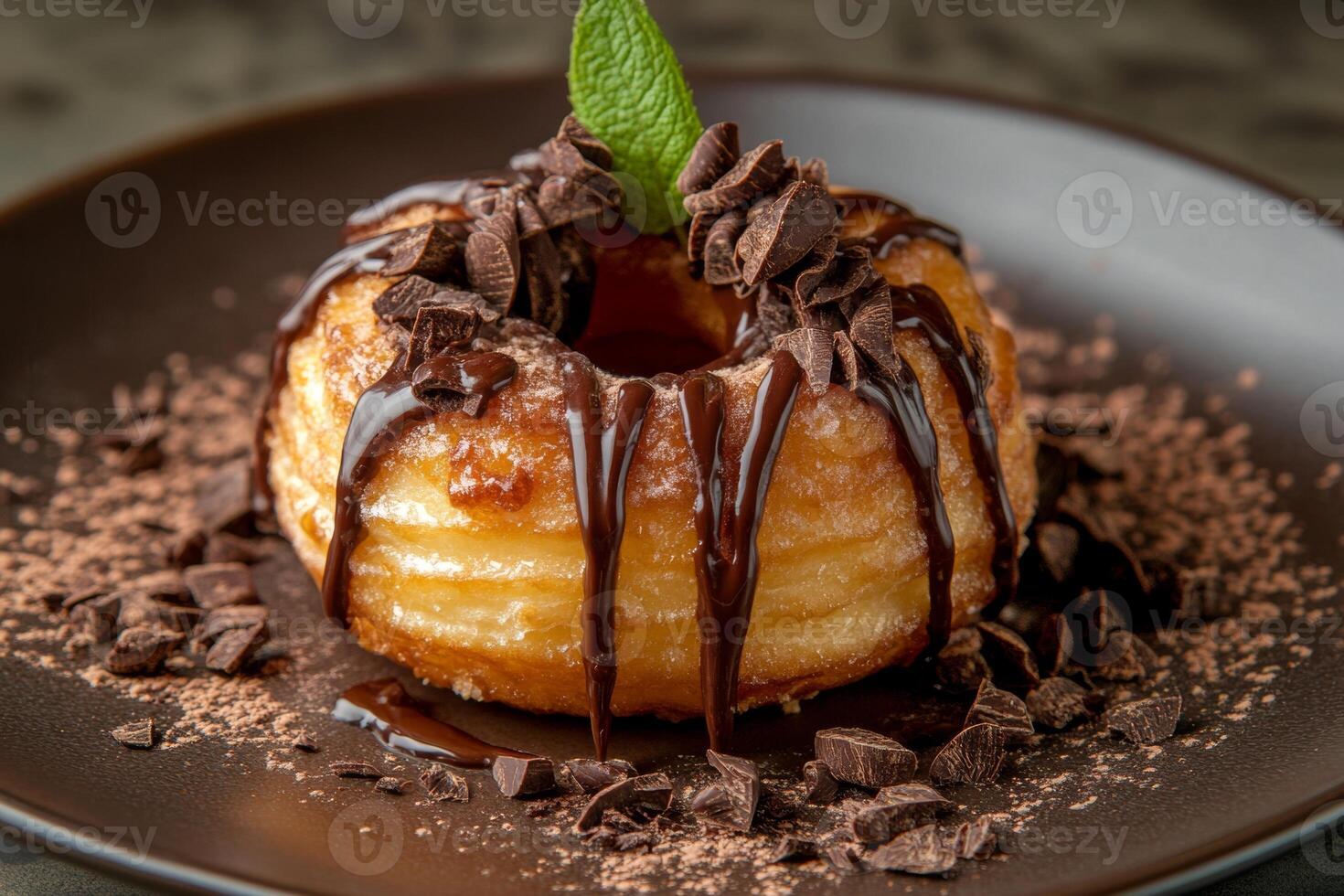 Indulge in a delicious chocolate cronut topped with mint and chocolate shavings, perfect for dessert lovers at a cafe photo