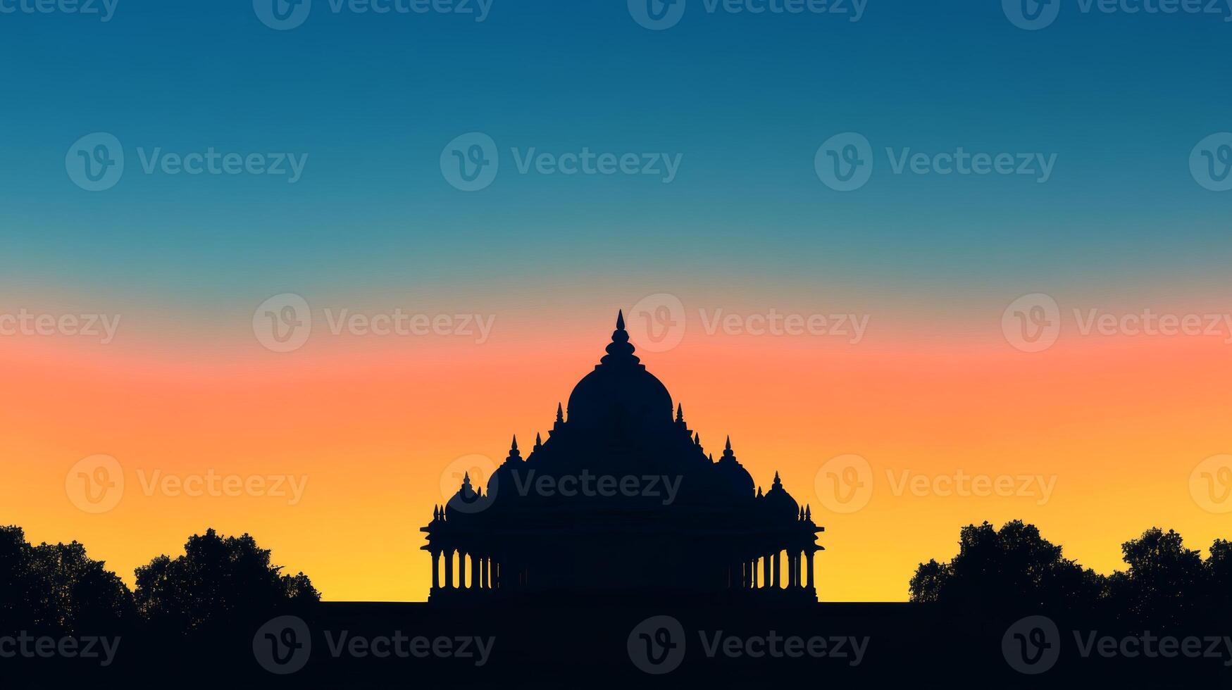 Silhouette of an Indian temple against a vibrant sunset sky, creating a serene atmosphere for reflection and tranquility photo