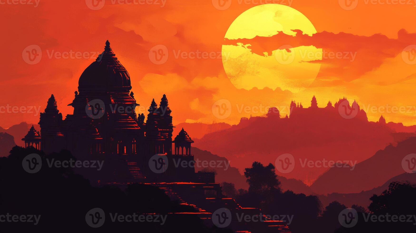 Silhouette of an Indian temple against a vibrant sunset sky with dramatic clouds and empty space for text photo