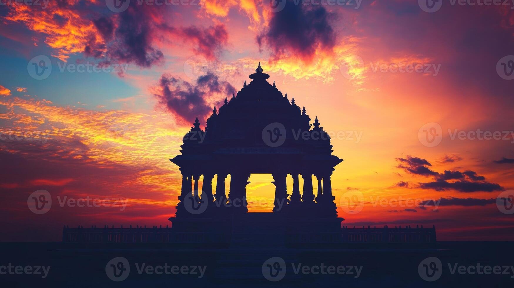 Silhouette of an Indian temple against a vibrant sunset sky with colorful clouds creating a serene atmosphere for reflection photo