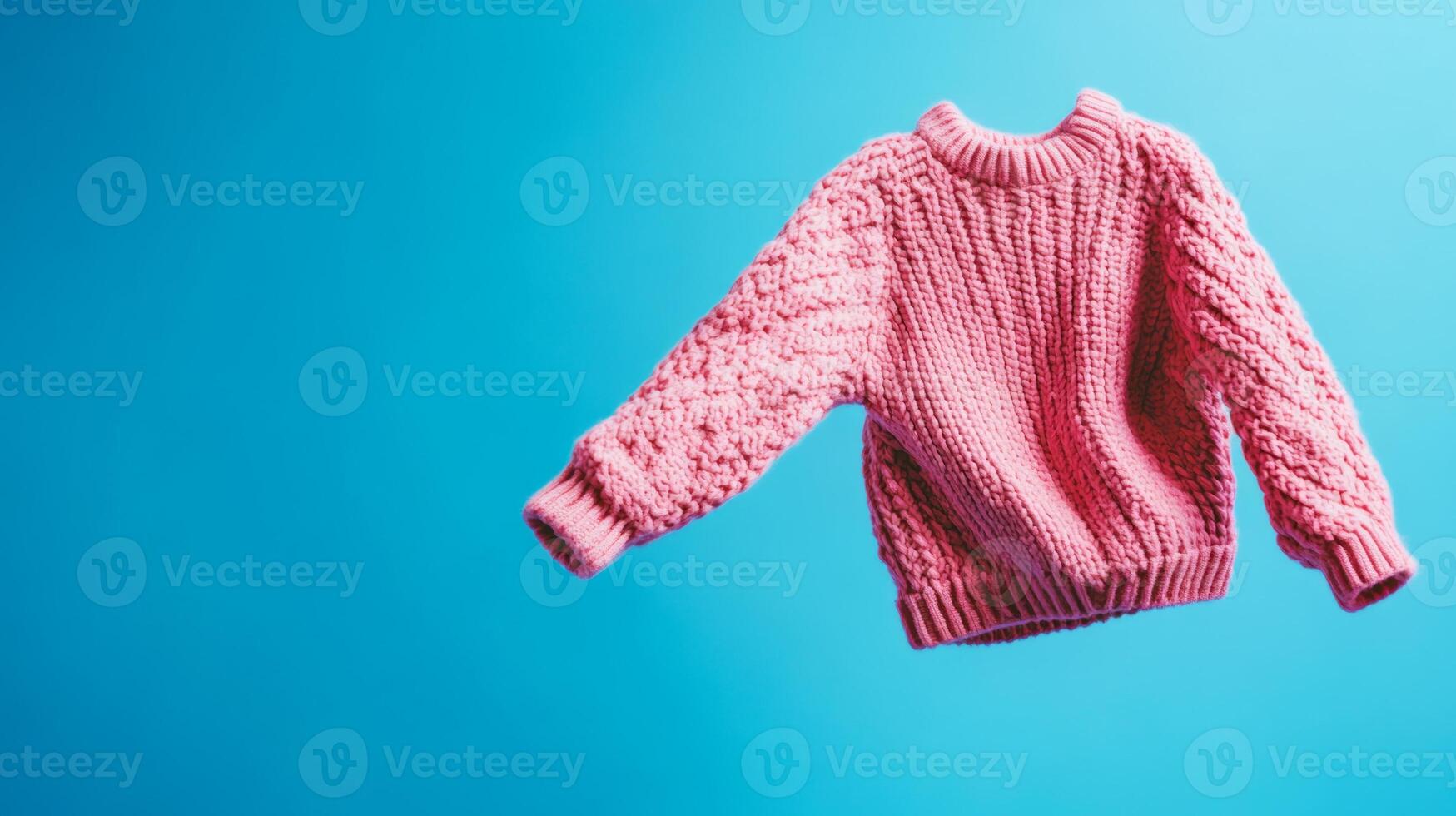 A pink knitted sweater floats effortlessly against a vivid blue background, showcasing its cozy texture and playful design photo