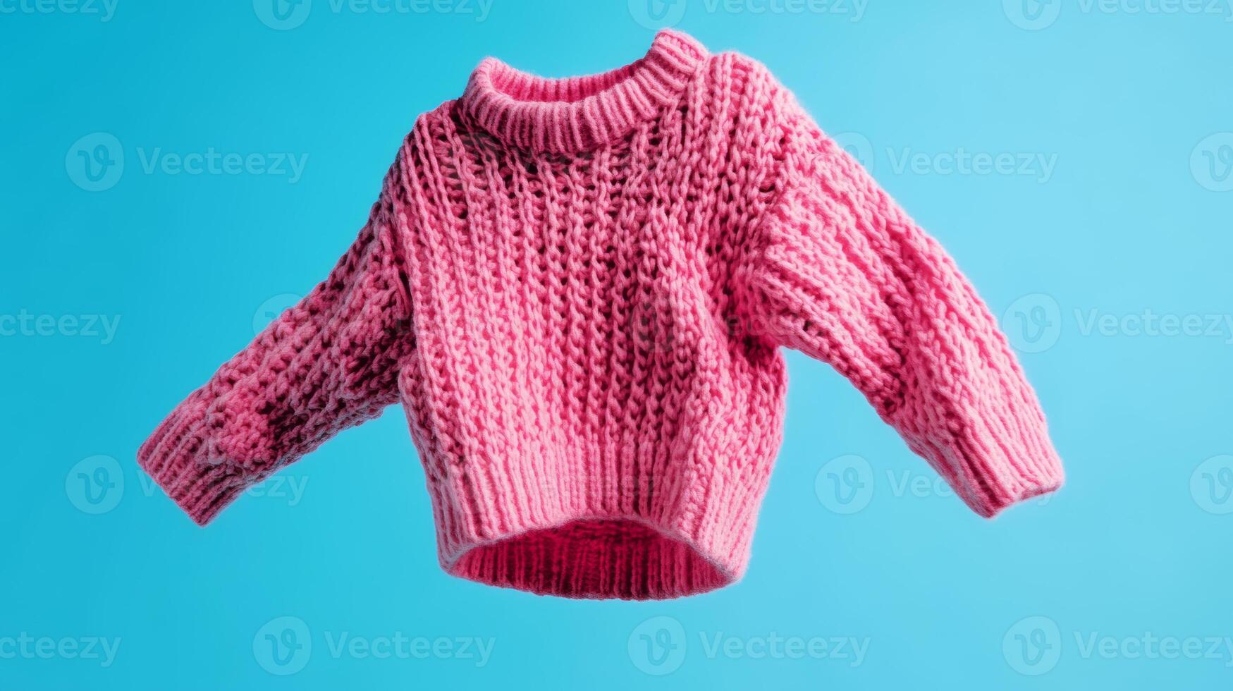 A vibrant pink knitted sweater suspended in mid-air against a bright blue background showcasing its unique texture and color photo