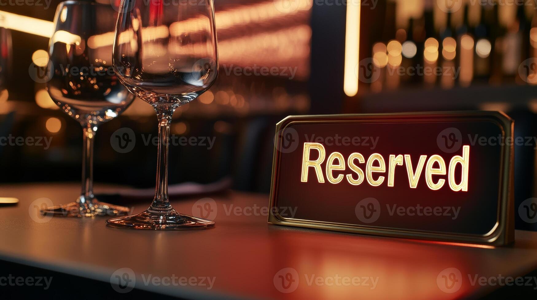 Reserved sign in metallic gold reflecting light on a modern restaurant table with wine glasses during an elegant dining experience photo