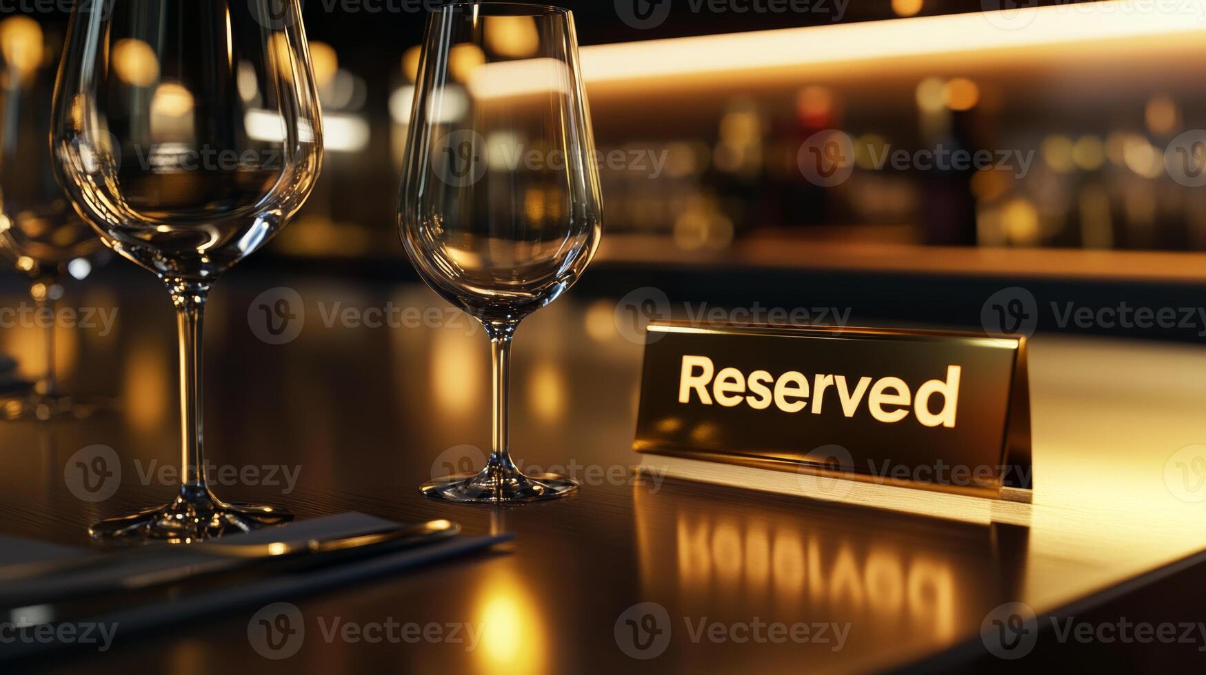 A metallic gold reserved sign reflecting light on a modern restaurant table with wine glasses during an elegant dining experience photo