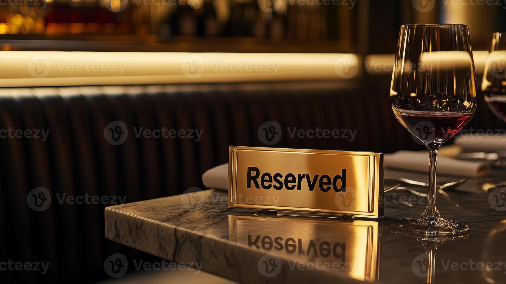 Elegant reserved sign in metallic gold on a modern restaurant table with wine glasses during an evening dining experience photo