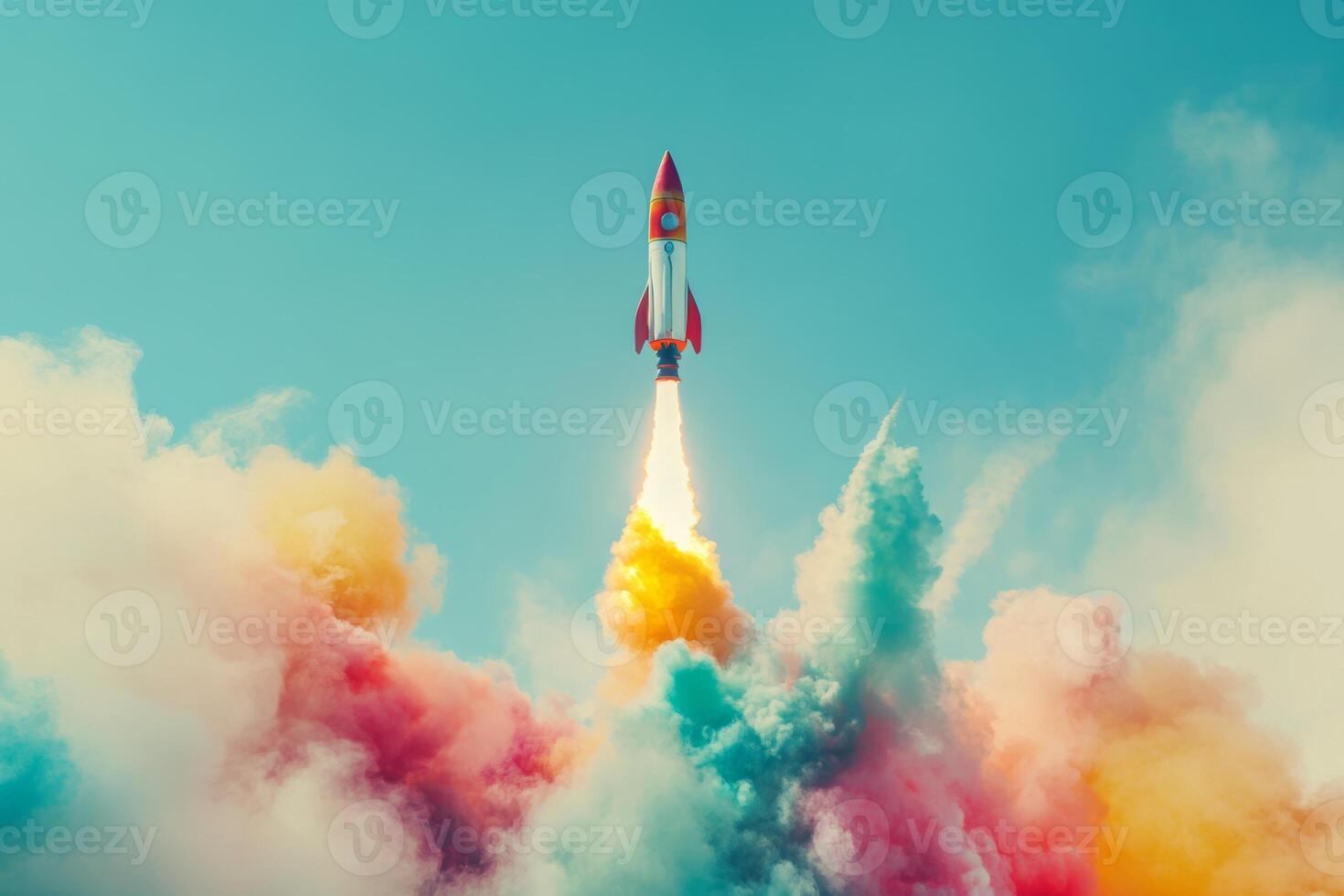 Vibrant rocket launching into a clear sky, surrounded by colorful smoke at a daytime event photo
