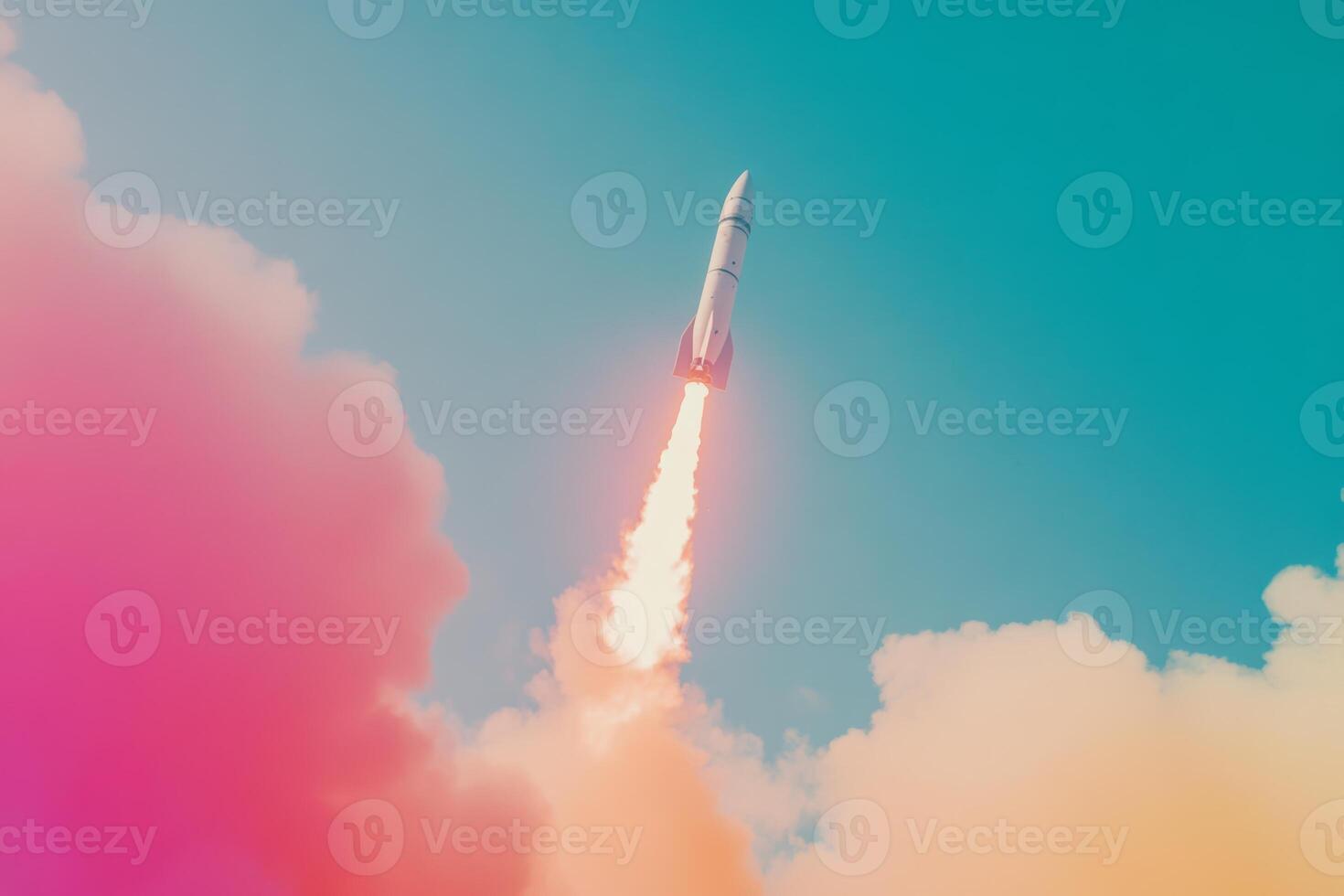 Rocket launch into a clear sky with vibrant colors against a bright backdrop at sunrise, showcasing powerful ascent and dynamic motion photo