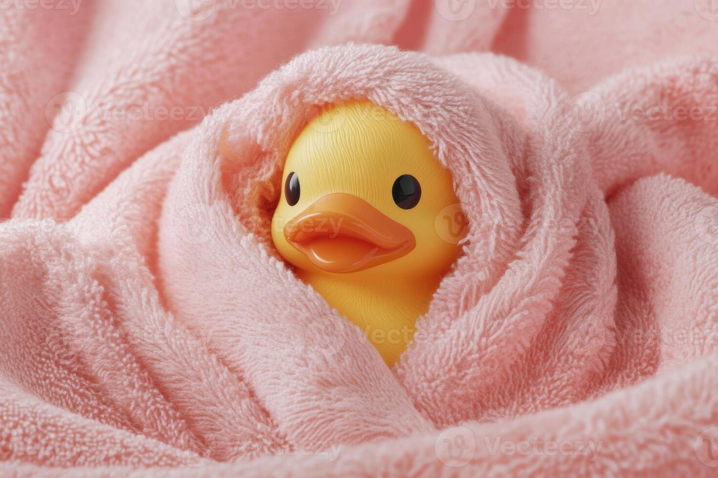 A playful rubber duck wrapped snugly in a soft pink towel for a cozy bath time experience photo