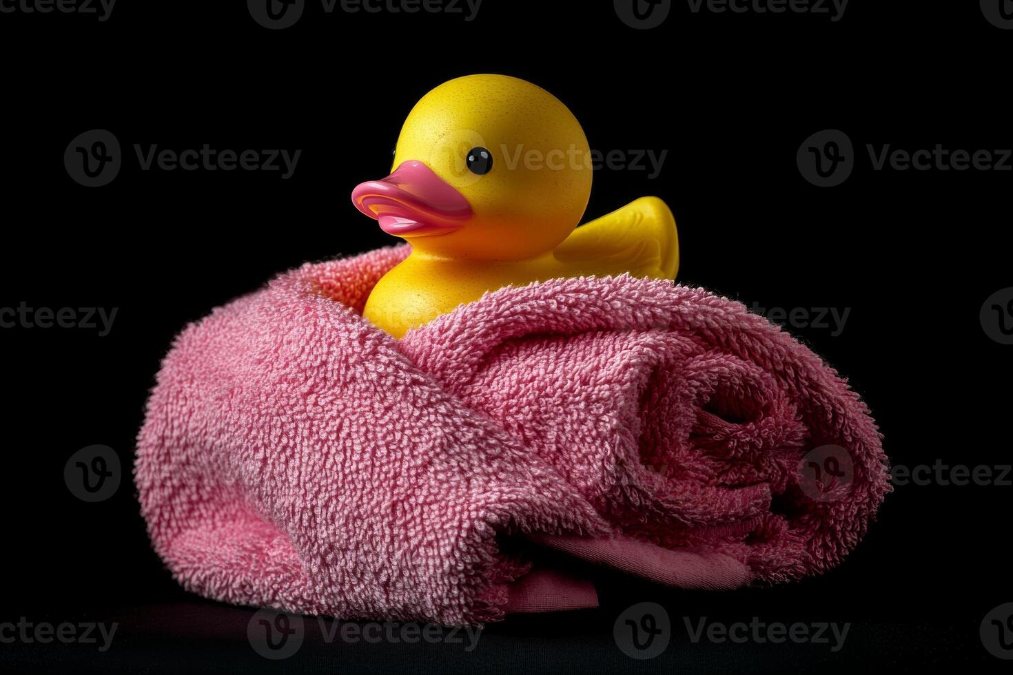 A playful rubber duck wrapped snugly in a pink towel, ready for a fun bath time adventure at home photo