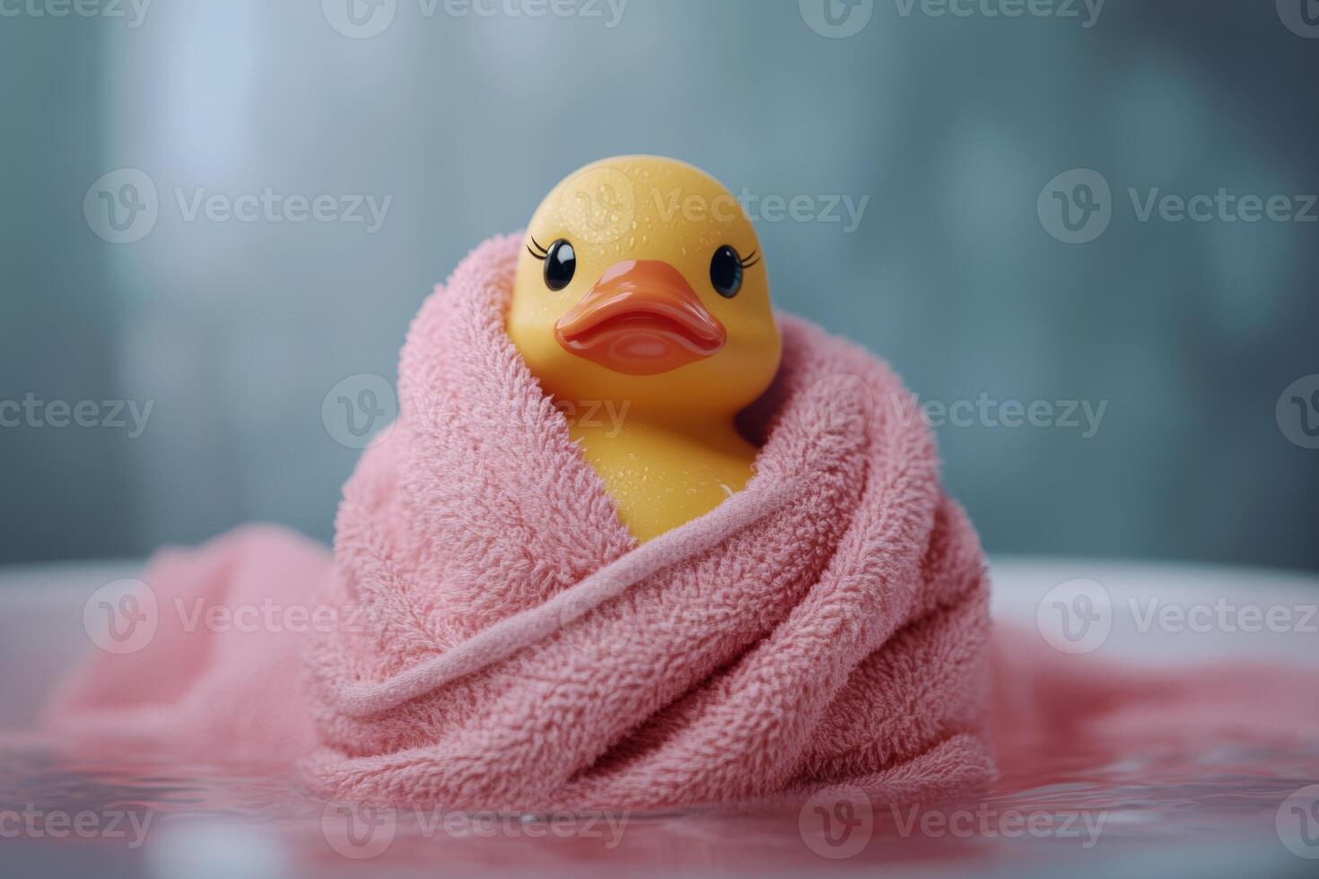 A playful rubber duck wrapped in a pink towel enjoying bath time fun in a relaxing setting photo
