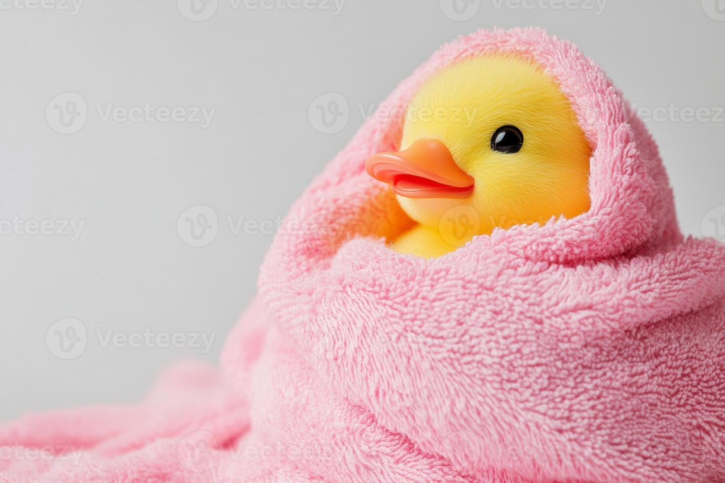 A cheerful rubber duck wrapped in a fluffy pink towel, perfect for playful bath time fun at home photo