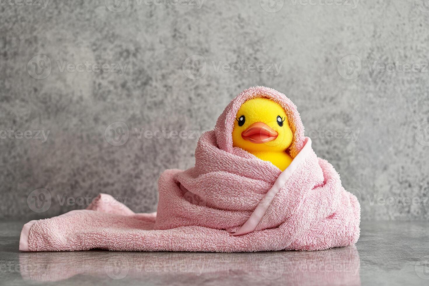 A cheerful rubber duck wrapped in a soft pink towel enjoying bath time fun in a cozy atmosphere photo